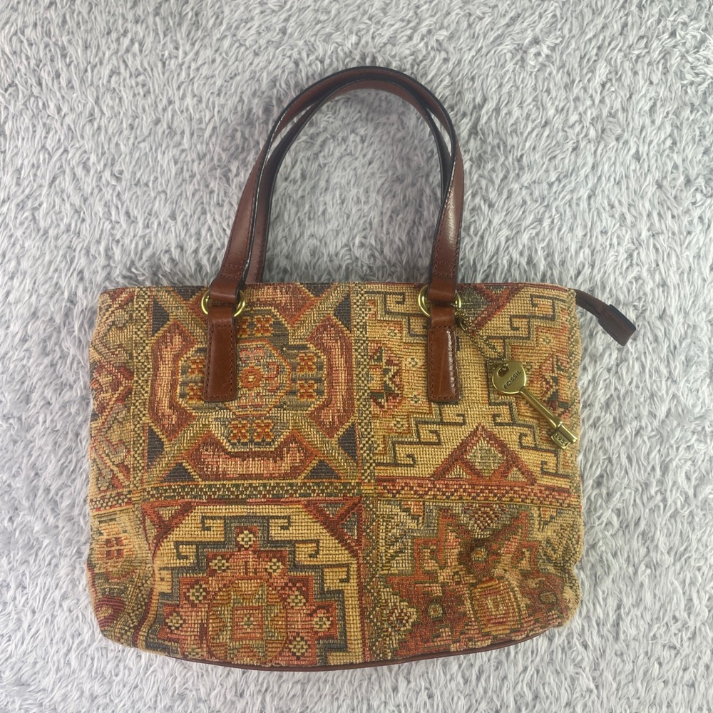 Fossil Satchel Bag Womens Medium Brown Vintage Kilim Tapestry Leather Trim